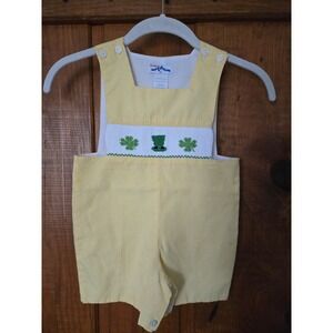 SILLY GOOSE Boys Yellow Gingham St Patricks Day Smocked Jon Jon Shamrock Size 2